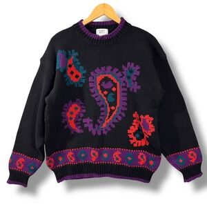 Vintage Robert Bruce Black Paisley Knit Sweater Pullover Long Sleeve Crew Neck